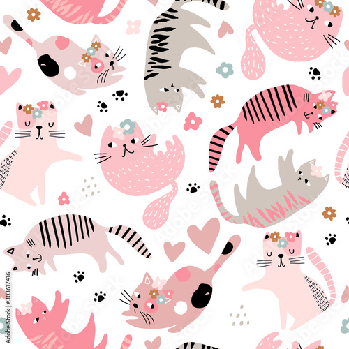 seamless-childish-pattern-with-cute-girl-cats-creative-kids-hand-drawn-texture-for-fabric-wrapping-textile-wallpaper-apparel-vector-illustration