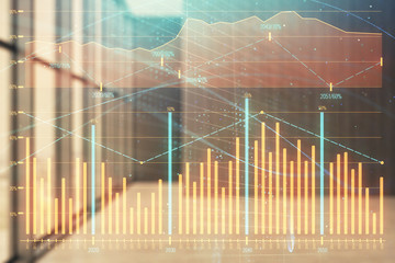 Double exposure of financial graph on empty room interior background. Forex market concept.