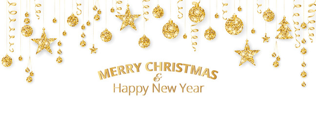 Merry Christmas banner with gold decoration on white background