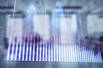 Wall Mural - Stock market chart with trading desk bank office interior on background. Double exposure. Concept of financial analysis