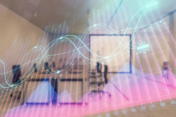 Wall Mural - Stock market chart with trading desk bank office interior on background. Double exposure. Concept of financial analysis