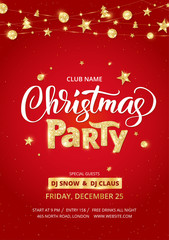 Wall Mural - Christmas party poster template. Golden ornaments decoration.