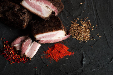 Wall Mural - .Delicious smoked bacon. Delicious meat.