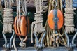 Old sailing ship rigging details, ropes and pulleys