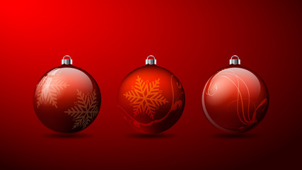 Wall Mural - Set of three Red 3D Christmas balls with snowflake pattern and shadows on a Red background. Vector illustration, eps10.