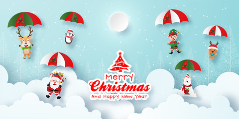 Origami Paper art of Santa Claus and cute character make a parachute jump on the sky, Merry Christmas and Happy New Year