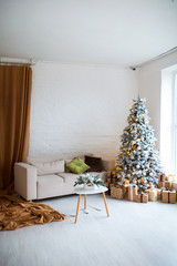 Wall Mural - Interior of bright modern living room with comfortable sofa decorated with Christmas tree and gifts