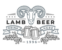 Emblem, Badge With A RAM Head In The Style Of Linear Engraving, Armorial Symbols, Coat Of Arms, Heraldry. The Head Of A RAM Symbolizes A Delicious Meat Dish Of A Restaurant Or Tavern, Beer Mugs, Beer
