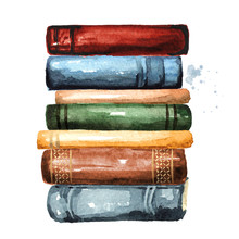 Tall Stack Of Old Books, Watercolor Hand Drawn Illustration Isolated On White Background