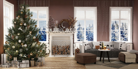 New year tree in scandinavian style interior with christmas decoration	