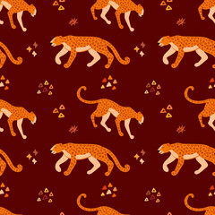 Aufkleber - Vector hand drawn seamless pattern with jaguars. Ornament with leopards. Wild cats background.