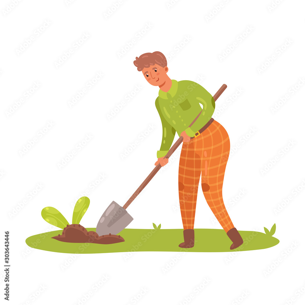 Farmer digging with a big shovel in the garden. Vector illustration in ...