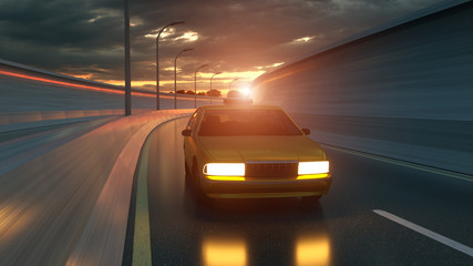 Yellow taxi rides on the road, highway. 3D illustration