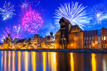 Wall Mural - Fireworks display over the old town in Gdansk, Poland