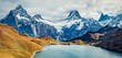 Spectacular morning view of Bachalp lake / Bachalpsee, Switzerland. Wonderful autumn scene of Swiss alps, Grindelwald, Bernese Oberland, Europe. Beauty of nature concept background.