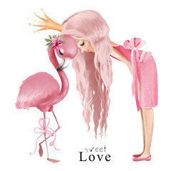 Wall Mural - Cute princess girl in the pink dress and gold crown with flamingo and flowers