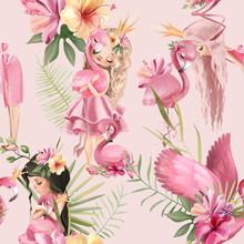 Beautiful Tropical Exotic Floral Seamless, Tileable, Watercolor Pattern, Background With Pink Flamingo Birds And Princess Girls