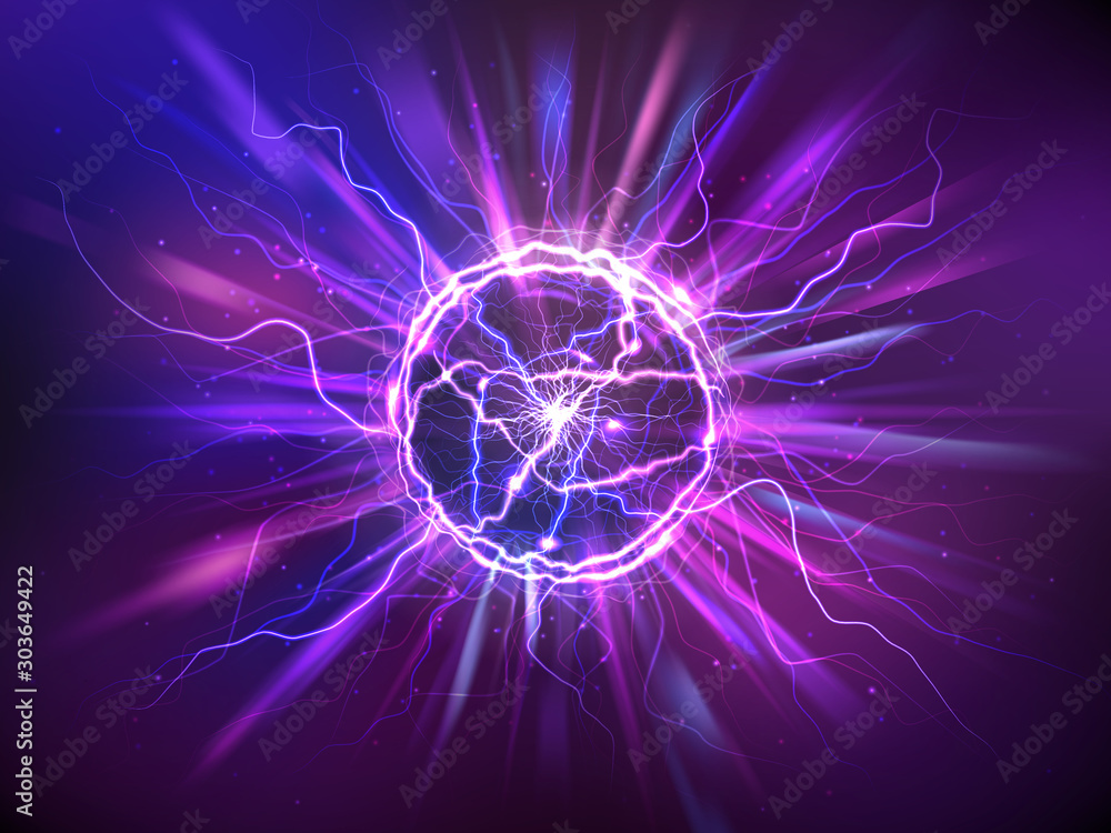 Electric ball or plasma sphere with rays, realistic vector illustration. Abstractt ball lightning with burning flash or powerful electric discharges isolated at night background. Magical energy design - obrazy, fototapety, plakaty 