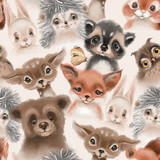 Beautiful seamless, tileable, watercolor pattern with woodland animals - deer, bunny, hedgehog, bear, owl and fox