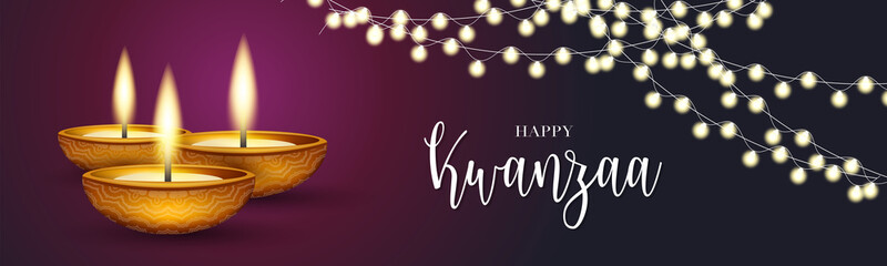 Happy Kwanzaa banner. Website or newsletter header. Traditional holiday design concept with glowing lights garland and candles. Vector illustration.