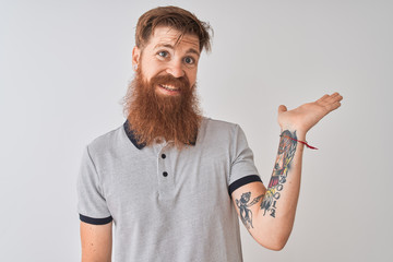 Sticker - Young redhead irish man wearing grey polo standing over isolated white background smiling cheerful presenting and pointing with palm of hand looking at the camera.