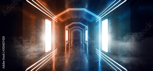 Cuadros en Lienzo Smoke Fog Mist Big Hall Neon City Retro Modern Virtual Reality Sci Fi Futuristic
