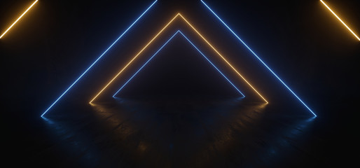 Triangle Blue Orange Neon laser Led Light Beams On Concrete Dark Backround  Empty Space Spaceship Tunnel Sci Fi Virtual Reality Futuristic 3D Rendering