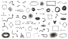 Infographic Elements On Isolated White Background. Hand Drawn Sketchy Shapes. Set Of Different Signs. Abstract Symbols. Black And White Illustration