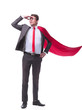 © ASDF - side view . Competitive superhero business man is committed to his goal