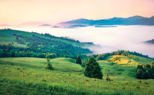 First Rays Of The Sun Cover The Mountain Hills Of The Carpathian Valley. Foggy Morning Scene Of Carpathians, Ukraine, Europe. Beauty Of Nature Concept Background.