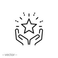 star in the hands icon, outline high reward, status good quality, star shine, thin line web symbol on white background - editable stroke vector illustration eps 10