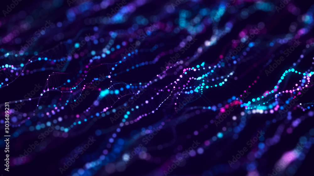 Music abstract background. Molecular background with DNA. Network with connecting dots and lines. Big data visualization. Sound wave. 3d rendering. - obrazy, fototapety, plakaty 