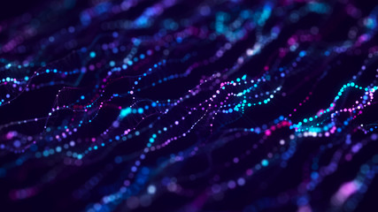 Fototapete - Music abstract background. Molecular background with DNA. Network with connecting dots and lines. Big data visualization. Sound wave. 3d rendering.
