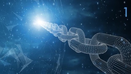 3d Blockchain chain and sphere rotation on shiny artistic sky network. Animation background.