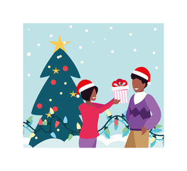 Poster - scene of couple with christmas tree and boxes gift