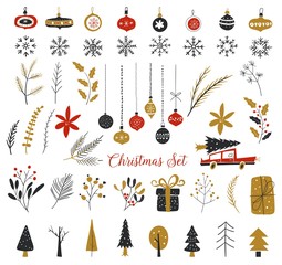 Christmas, New Year design elements. Hand drawn isolated on white background set. Set of winter icons. Set of christmas glass toys. Hand drawn snowflakes silhouettes.