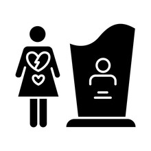Maternal Mortality Glyph Icon. Woman Grieving, Man Death. Girl Heartbroken. Death Of Partner, Child. Funeral For Significant Other. Silhouette Symbol. Negative Space. Vector Isolated Illustration
