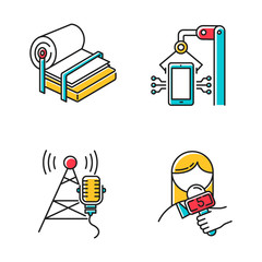 Sticker - Industry types color icons set. Pulp and paper production. Electronics facility. Broadcasting tower. News and media. Information technology. Person with microphone. Isolated vector illustrations