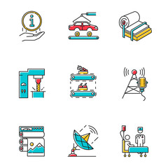 Sticker - Industry types color icons set. Information sign. Automotive production. Pulp and paper. Steel industry. Fruit supply. Broadcasting and news. Healthcare service. Isolated vector illustrations