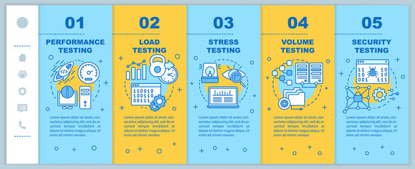 Program performance testing onboarding mobile web pages vector template. Responsive smartphone website interface idea with linear illustrations. Webpage walkthrough step screens. Color concept