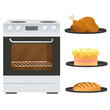 Color image of electric oven or stove with platters of fried chicken, of cake and bread on white background. Kitchen and cooking. Household equipment. Vector illustration set.