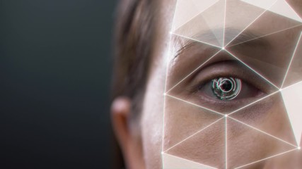 animation 3d recognition scanning of the face eye of man or woman. facial recognition protection and
