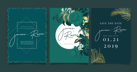 Mix Emerald dark teal green Luxury Wedding Invitation, floral invite thank you, rsvp modern card Design in white rose  with  leaf greenery  branches decorative Vector elegant rustic template