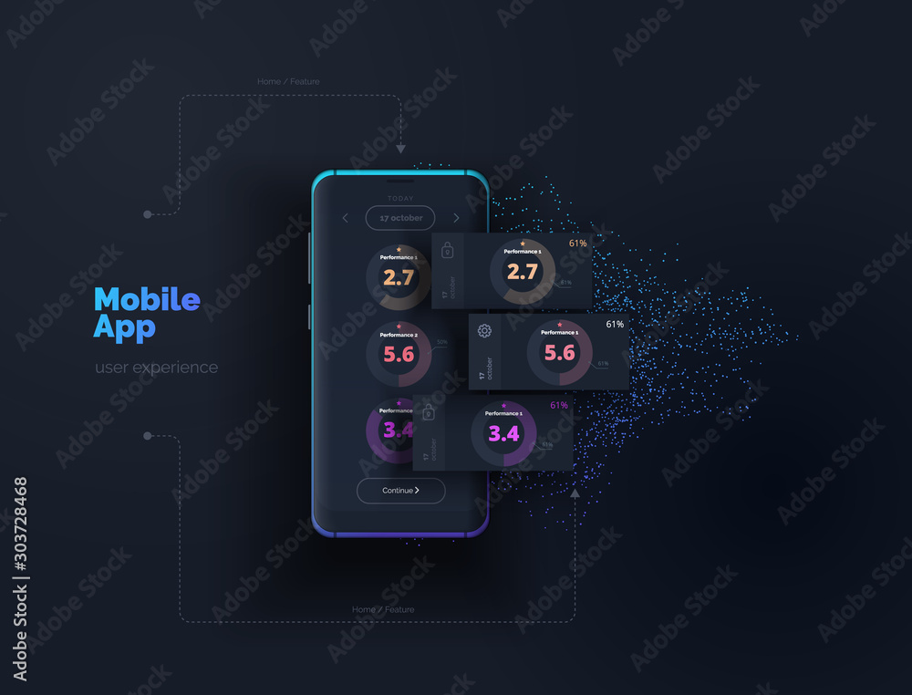 Mobile app. A mobile device with a user interface layout with active ...