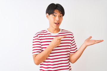 Poster - Young chinese man wearing casual striped t-shirt standing over isolated white background amazed and smiling to the camera while presenting with hand and pointing with finger.