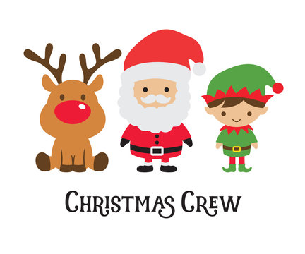 Fototapete - Cute Christmas crew including Santa Claus, elf, and reindeer vector illustration.