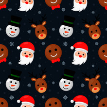 Christmas Characters Seamless Pattern On Blue Background. Vector Illustration.