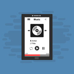 Wall Mural - Music Player on Smartphone Background. Vector Pop Music Playlist on Cell Phone Application Symbol.