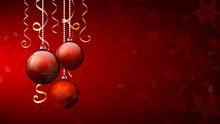 Christmas Balls. Christmas Background. Merry Christmas Banner. Three Red Christmas Ornament Balls On Red Bokeh Snow And Snowflake Background. Vector Illustration, Eps10.