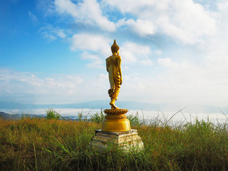 Back view of golden great buddha statue on the top of mountain